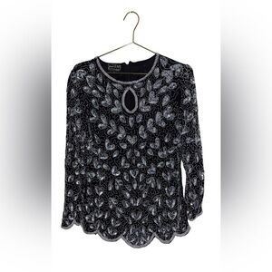 Vintage 80’s Joseph Le Bon Black Silver Fully Beaded Blouse Size Medium P2P 20”